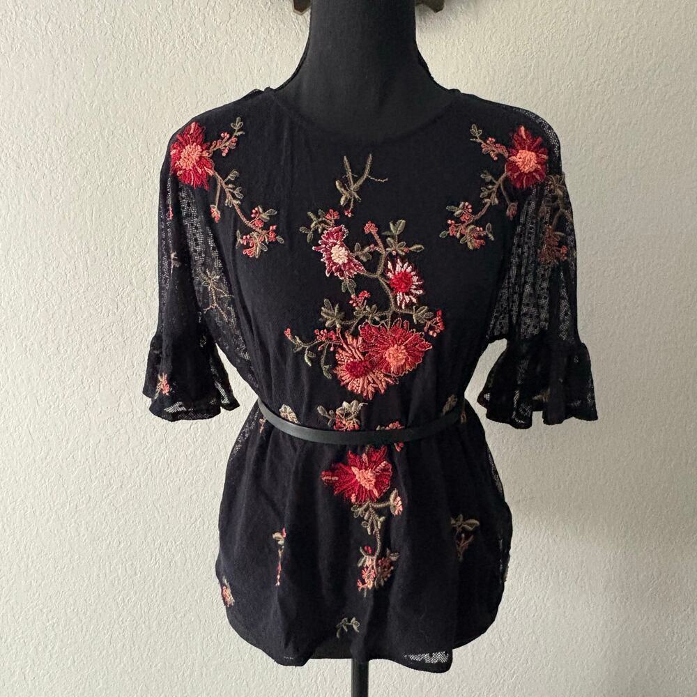 MAEVE by ANTHROPOLOGY A-Line Embroidered Mesh Floral Tunic Blk SzS Dark Witchy